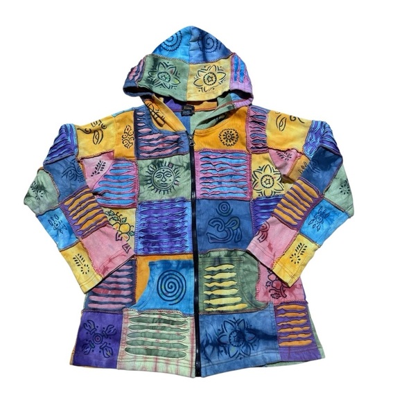 Rising International Tops - Vintage Rising International Patchwork Artsy Hippie Hoodie Long Sleeve Cotton M